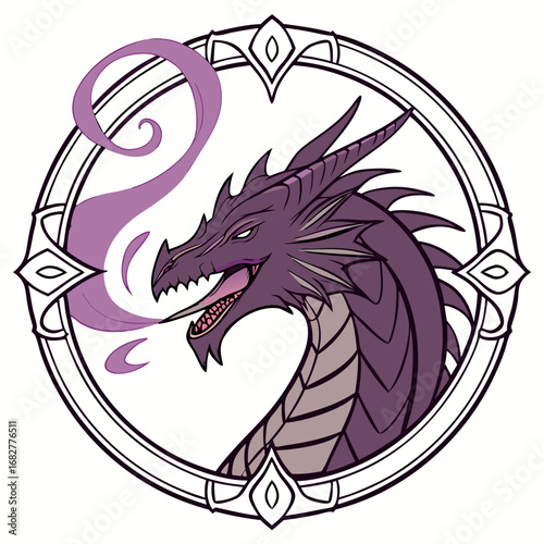 Stylized purple dragon head breathing magical smoke fierce expression sharp teeth within ornate frame.
