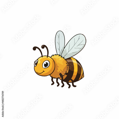 Cartoon depiction of a smiling bee with wings, body stripes, and antennae.
