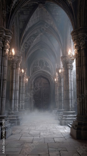 Gothic Hallway Ancient Door Mysterious Atmosphere