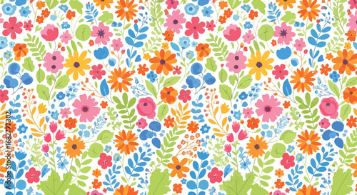 Adobe illustrator artwork vector illustration. A lush, seamless pattern bursting with a cheerful array of colorful flowers and diverse green foliage, ideal for spring and summer designs