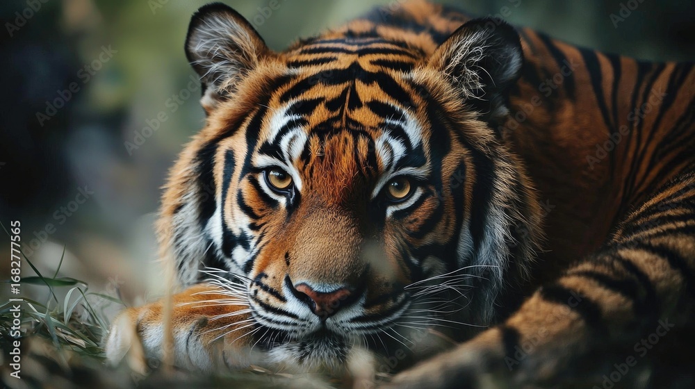 Fototapeta premium A tiger in a forest setting, with a blurred background.