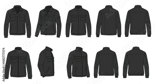 Collection of black jackets in various views and styles for design purposes