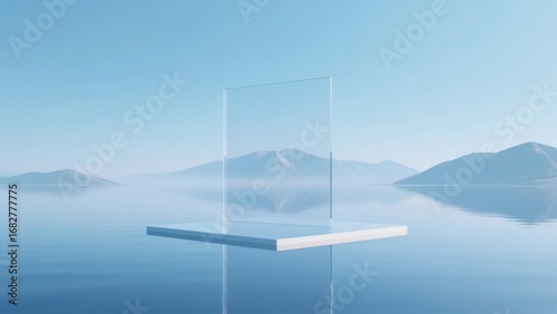 Transparent Glass Panel Over Calm Water with Distant Mountains