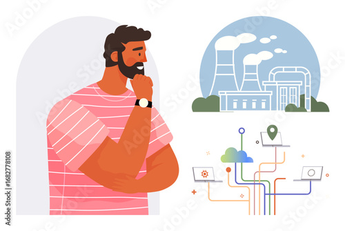 Thoughtful man contemplating industrial plant, cloud storage, and laptop connections. Ideal for technology innovation, energy management, sustainability, digital transformation, decision-making