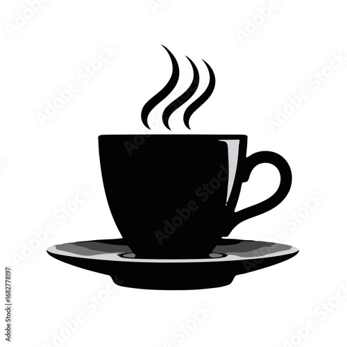 Vector art of black and white coffee cup with steam for cafe or restaurant