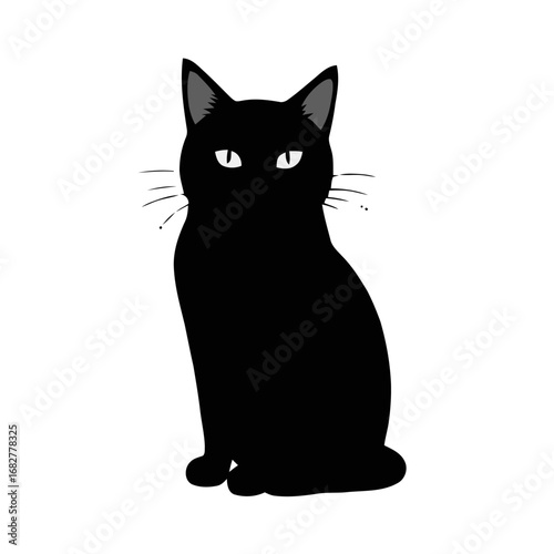 Illustration of a black cat sitting, , a cute and domestic pet