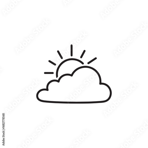 Simple black and white line drawing of a sun partially obscured by a cloud, depicting weather.