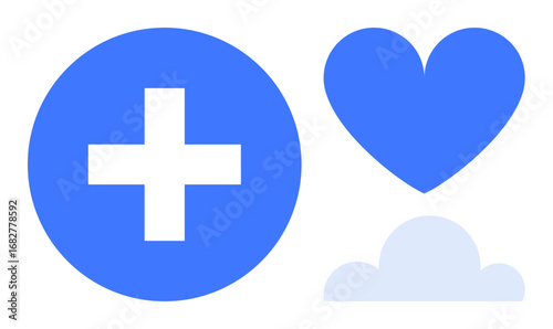 Blue plus sign, heart, and cloud iconizing health, care, and tranquility. Ideal for wellness, healthcare, positivity, mental health love balance and a simple landing page