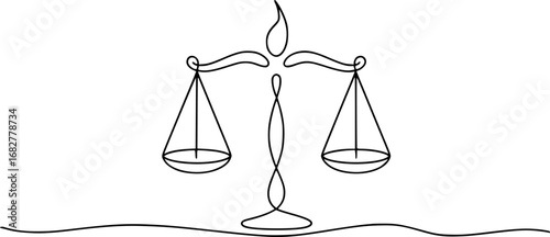 Minimalist black line art illustration of scales of justice balance legal
