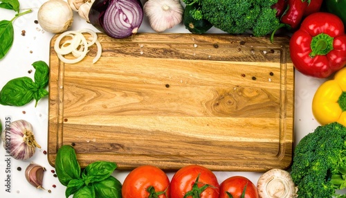 Composition of a wooden cutting board surrounded by colorful vegetables, herbs and spices, set against a white background, offering a natural, rustic aesthetic