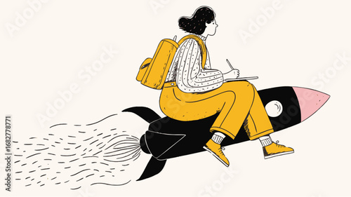Creative back to school illustration — student with backpack riding rocket as education and future success concept