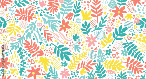 Adobe illustrator artwork vector illustration. A playful, seamless pattern featuring abstract leaves, flowers, and geometric shapes in a fresh, cheerful color palette, perfect for modern designs