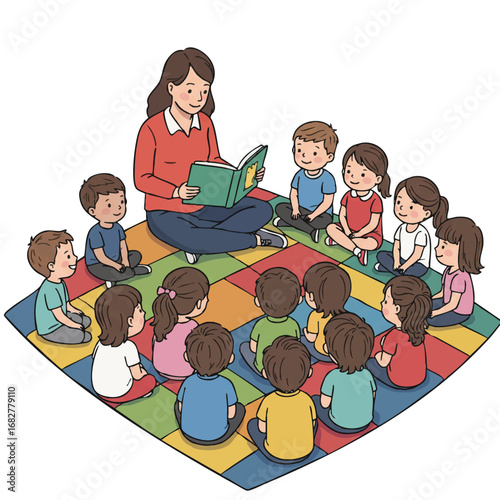 A cheerful flat 2D vector illustration shows a friendly teacher reading a storybook aloud to an attentive group of young children gathered on a vibrant colorful rug with simplified style.