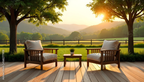Relaxing patio with chairs overlooking a sun-drenched valley
