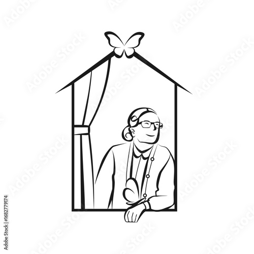 A hopeful line art illustration of a senior female doctor in a house-shaped window, symbolizing home healthcare and compassionate geriatric care