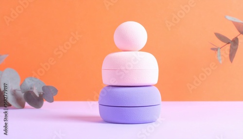 Stack of pastel-colored, cylindrical containers with a sphere on top, against an orange backdrop, accented by sprigs of eucalyptus