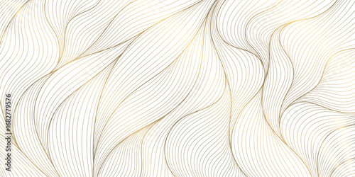 Vector gold line wave background, flow elegant luxury organic pattern. Soft flow dynamic sea graphic, shiny abstract ornament, silk premium wallpaper