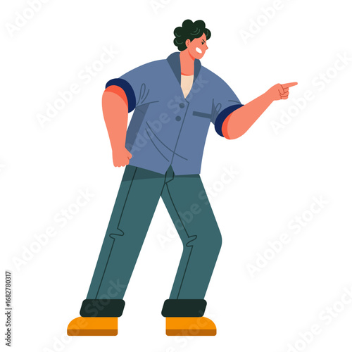 An angry cartoon man with dark curly hair points his finger accusingly while shouting.