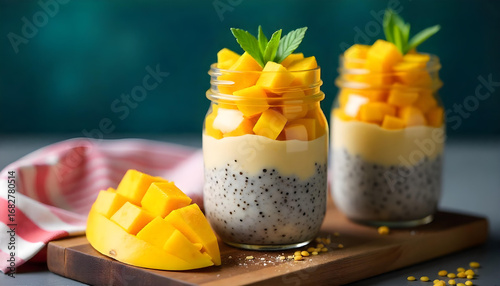 Two jars of mango chia pudding with fresh mango slices