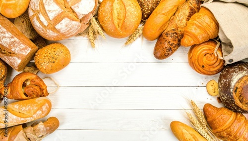 Assortment of baked goods on a white wooden surface. Wheat stems are interspersed among the breads, creating a warm, inviting, rustic atmosphere