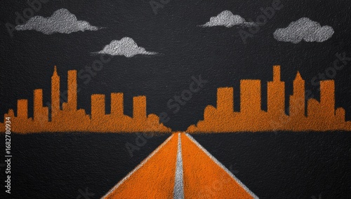 A highway stretches through a cityscape drawn in orange chalk on a dark background