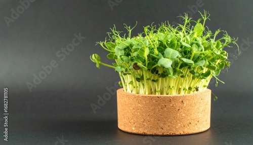 A close-up presents fresh, vibrant microgreens sprouting from a round, light-brown cork pot against a plain, dark background