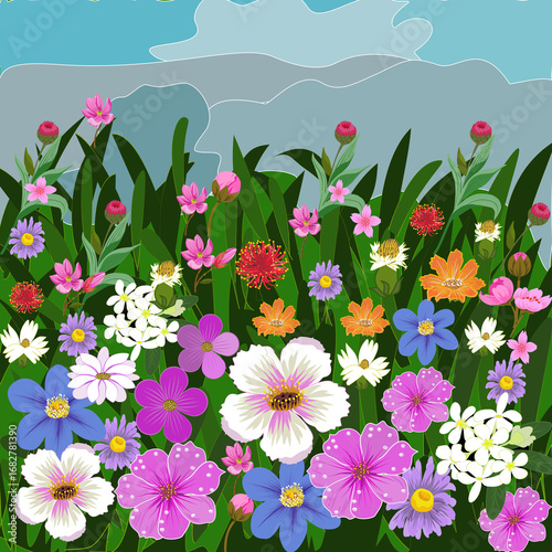 Digital illustration of a lush meadow filled with a beautiful array of colorful, blooming flowers.