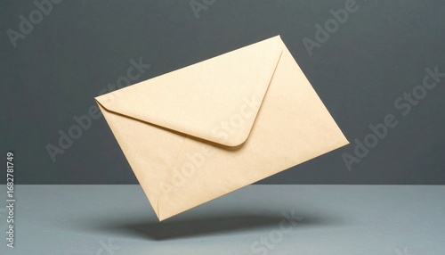 A brown paper envelope hovers above a grey surface against a solid grey background. It appears to float, casting a faint shadow. Neutral, minimalist image