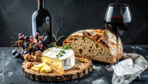 Still life with a bottle of red wine, grapes, cheese and crusty bread on a wood slice, against a dark stone backdrop