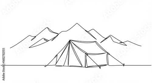 Minimalist line art of tent camping in mountain landscape