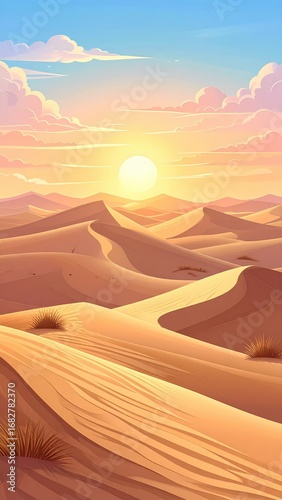 Cartoon desert landscape at sunset featuring rolling dunes and tufts of desert grass, under a bright sun and scattered clouds in a light blue sky