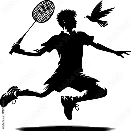 Soaring Shuttlecock: A dynamic silhouette captures the essence of a badminton player in mid-flight, racket poised to strike, embodying athleticism and precision, with a bird in harmony.