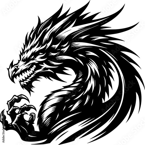Mythic Beast: A powerful black dragon illustration, exuding ferocity and fantasy. Its intricate scales, sharp claws, and menacing eyes create a striking image of mythological strength and allure.
