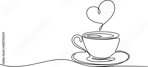 Minimalist line art coffee cup with heart shaped steam saucer