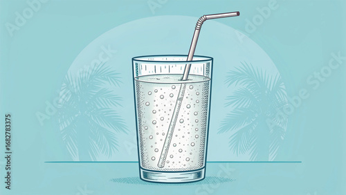 Glass of Sparkling Water with Straw and Palm Leaves