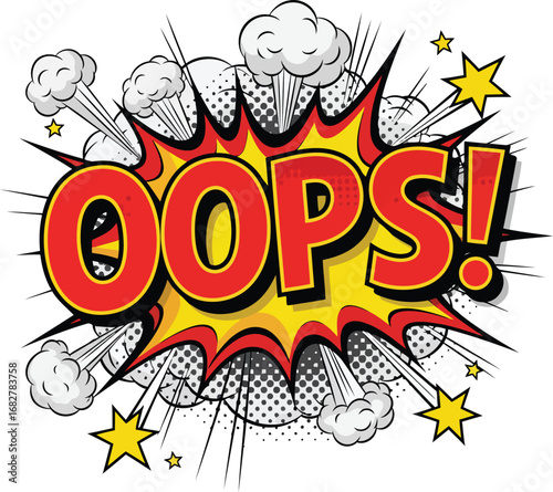 Comic Style OOPS! Text with Explosive Burst and Halftone Background