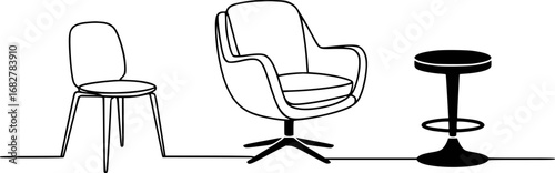 Minimalist line art illustration of three chairs and a stool furniture interior
