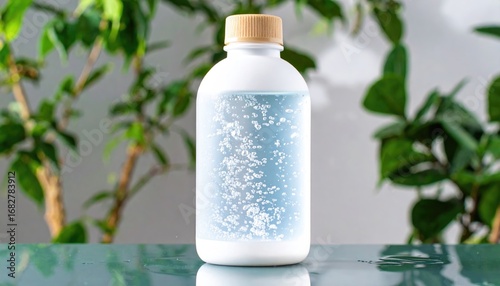 Clear, still water in a white plastic bottle with a wood-tone cap, positioned on a reflective green surface against a bokeh of green foliage