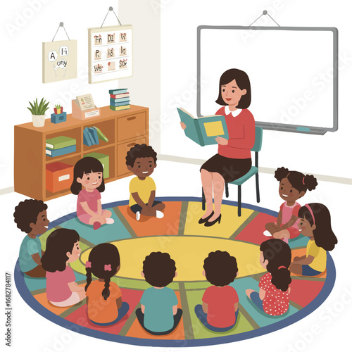 Bright flat 2D vector illustration shows a smiling female teacher reading a storybook aloud to a diverse group of young children sitting in a circle on a colorful rug in a clean classroom.