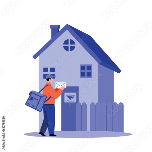 A friendly postal worker delivers a letter to a suburban home in a vibrant 2D flat vector illustration, showcasing essential mail service with clean, minimalist graphic lines.