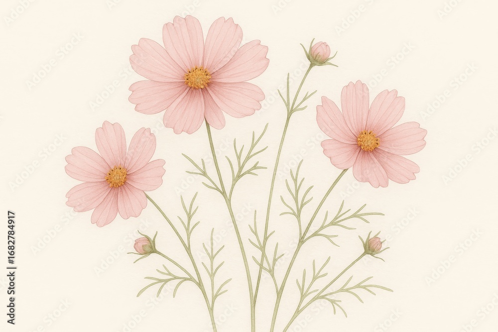 Naklejka premium Cosmos Flower Elegance: Delicate cosmos flowers, with their soft petals, grace a gentle and artistic floral display.