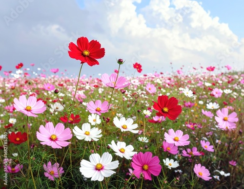 A sunlit field filled with blooming cosmos flowers, vibrant shades of red, pink, and white, set against a backdrop of fluffy clouds and a bright blue sky