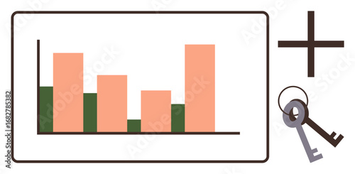 Bar chart in orange and green showing comparative data. Two keys and a plus sign suggest unlocking goals, growth, or strategy. Ideal for business, finance, education, analysis, planning innovation