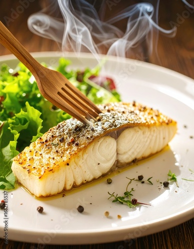 Steaming cooked fish on a plate, skewered with a wooden fork, accompanied by a fresh salad, against a wooden background