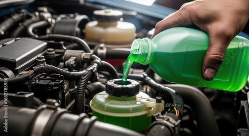 Close-up of vehicle maintenance: Green liquid is poured into a car's reservoir by a hand ensuring