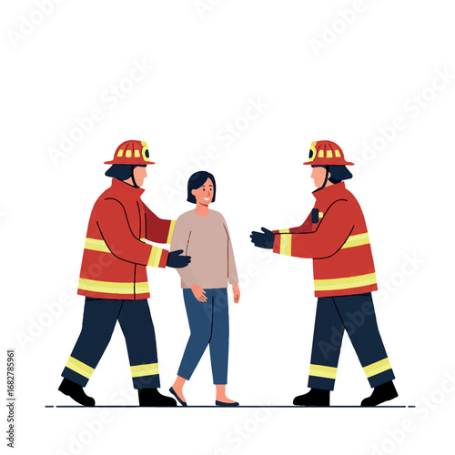 Firefighters actively assist a resident in a dynamic 2D flat vector illustration, featuring minimalist solid colors and clean lines, isolated on white.