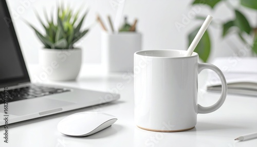 A bright, clean workspace features a laptop, mouse, mug with straw, and potted plants on a white desk, suggesting a modern and productive environment