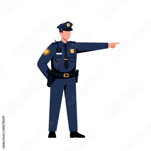 Police officer directing traffic is prominently featured in a minimalist 2D flat vector illustration with clean lines and solid colors, isolated on a white background.