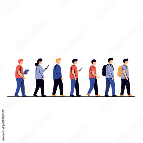 People waiting in line for public services, a minimalist 2D flat vector illustration with clean lines and solid colors depicting an abstract queue on a white background.