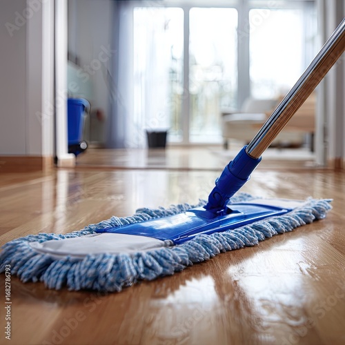 Blue mop cleaning hardwood floor